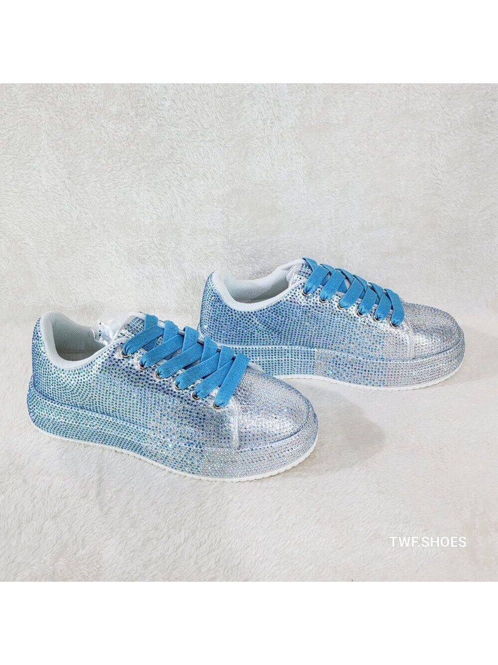 Cush Baby Metallic Rhinestone Silver / Blue Platform Sneakers Tennis Shoes
